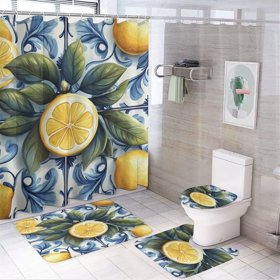Bathroom Rugs Sets 4 Piece with Shower Curtain, Blue Rose Garland ...