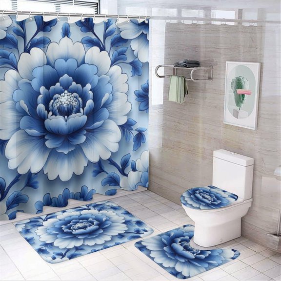 Bathroom Rugs Sets 4 Piece with Shower Curtain, Blue And White Floral Pattern Printed on Shower Curtain Set with Rugs and Accessories, Great for Master Bath Beach House Modern Home, 72 x 72 inches