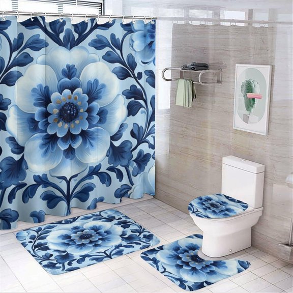 Bathroom Rugs Sets 4 Piece with Shower Curtain, Blue And White Floral Pattern Printed on Shower Curtain Set with Rugs and Accessories, Great for Master Bath Beach House Modern Home, 72 x 72 inches