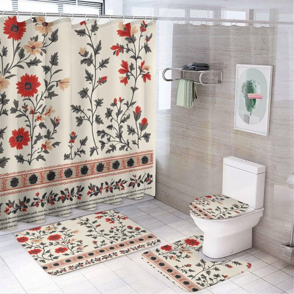 Bathroom Rugs Sets 4 Piece with Shower Curtain, Boho Flower Pattern Printed on Bathroom Rug and Shower Curtain Sets, Great for Master Bath Beach House Modern Home, 72 x 72 inches