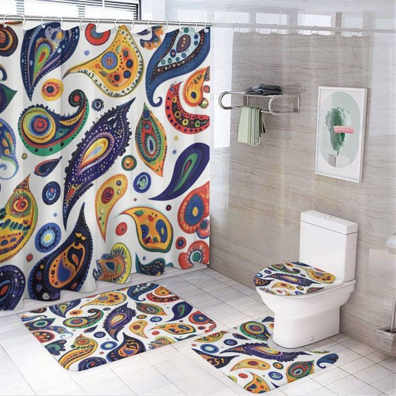 Bathroom Rugs Sets 4 Piece with Shower Curtain, Boho Flower Pattern Printed on Shower Curtain for Men, Great for Master Bath Beach House Modern Home, 72 x 72 inches