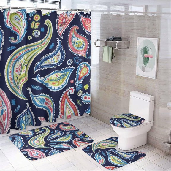 Bathroom Rugs Sets 4 Piece with Shower Curtain, Boho Pattern Printed on Bathroom Curtain Sets with Rugs, Great for Master Bath Beach House Modern Home, 72 x 72 inches