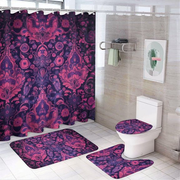 Bathroom Rugs Sets 4 Piece with Shower Curtain, Boho Pattern Printed on Modern Shower Curtains for Bathroom Set, Great for Master Bath Beach House Modern Home, 72 x 72 inches