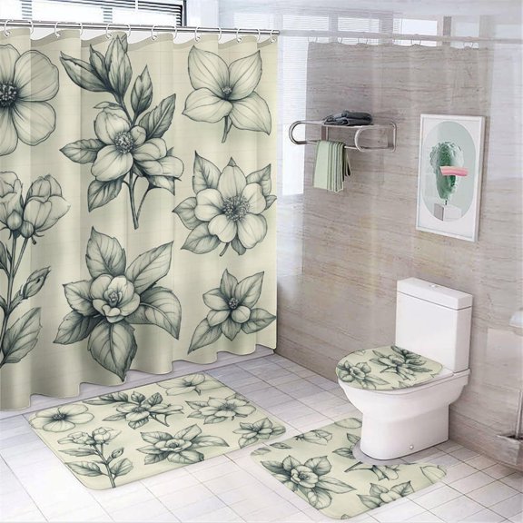 Bathroom Rugs Sets 4 Piece with Shower Curtain, Botanical Illustration Pattern Printed on Bath Room Accessories Sets, Great for Master Bath Beach House Modern Home, 72 x 72 inches