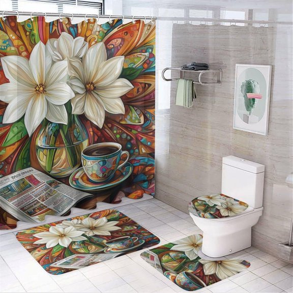 Bathroom Rugs Sets 4 Piece with Shower Curtain, Butterfly Pattern Printed on Modern Shower Curtains for Bathroom Set, Great for Master Bath Beach House Modern Home, 72 x 72 inches