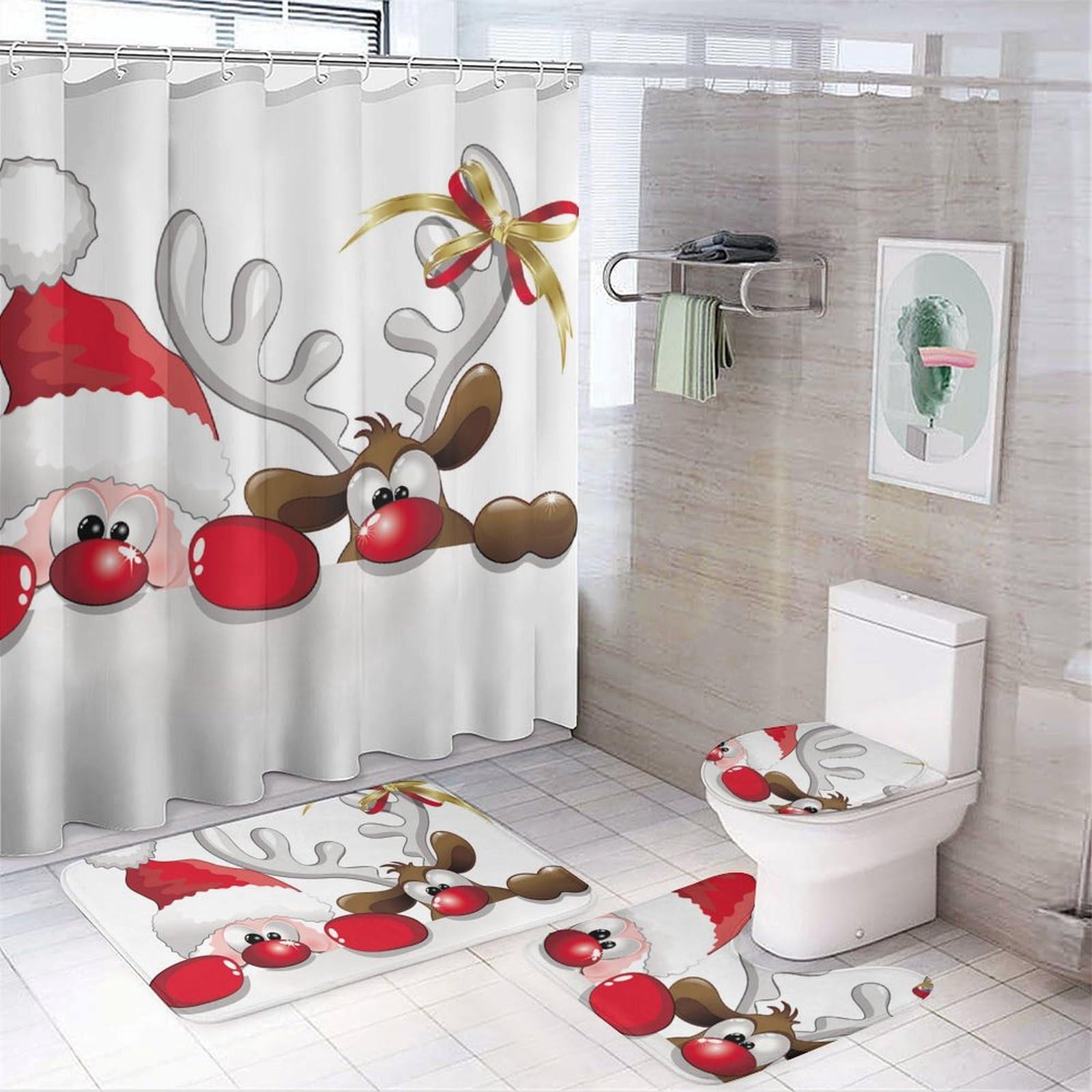 Bathroom Rugs Sets 4 Piece with Shower Curtain, Christmas Tree Pattern ...