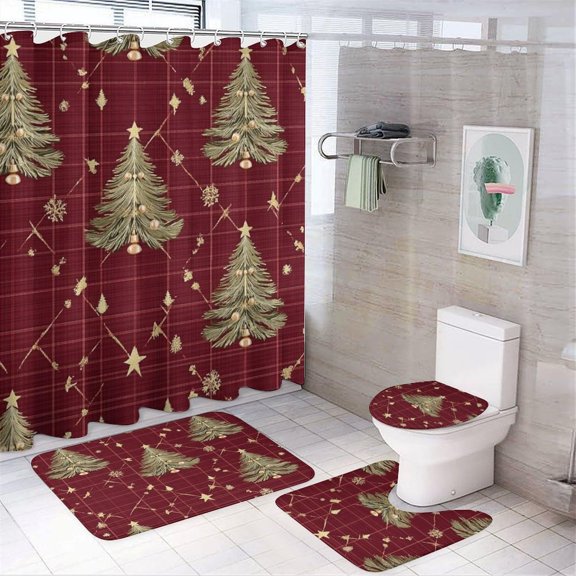 Bathroom Rugs Sets 4 Piece with Shower Curtain, Christmas Tree Plaid Pattern Printed on Bathroom Decor and Accessories, Great for Master Bath Beach House Modern Home, 72 x 72 inches