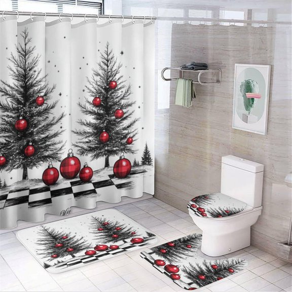 Bathroom Rugs Sets 4 Piece with Shower Curtain, Christmas Tree Plaid Pattern Printed on Bathroom Decor and Accessories, Great for Master Bath Beach House Modern Home, 72 x 72 inches