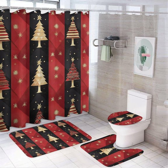 Bathroom Rugs Sets 4 Piece with Shower Curtain, Christmas Tree Plaid Pattern Printed on Bathroom Decor and Accessories, Great for Master Bath Beach House Modern Home, 72 x 72 inches