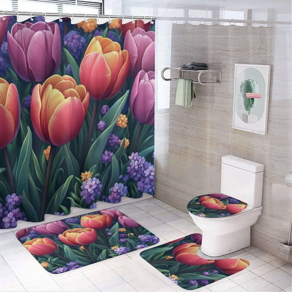 Bathroom Rugs Sets 4 Piece with Shower Curtain, Colorful Tulip Pattern ...