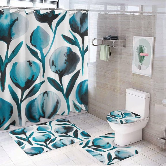 Bathroom Rugs Sets 4 Piece with Shower Curtain, Floral Pattern Printed on Bathroom Decor and Accessories, Great for Master Bath Beach House Modern Home, 72 x 72 inches