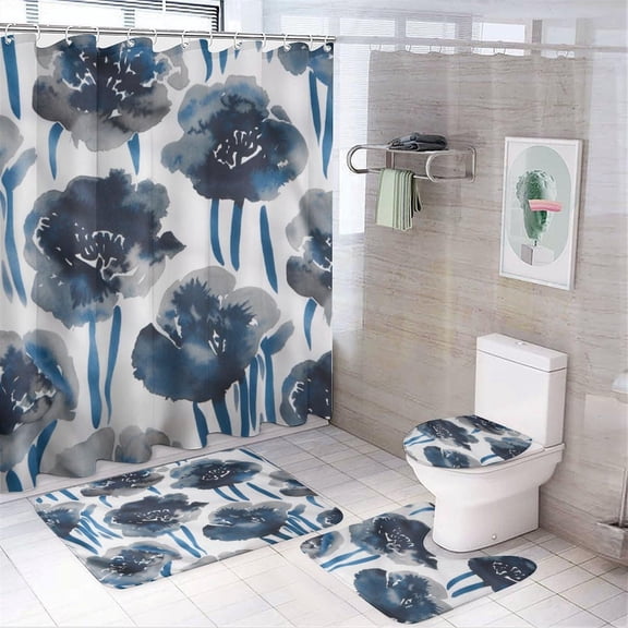Bathroom Rugs Sets 4 Piece with Shower Curtain, Floral Pattern Printed on Bathroom Decor Sets with Shower Curtains and Rugs, Great for Master Bath Beach House Modern Home, 72 x 72 inches