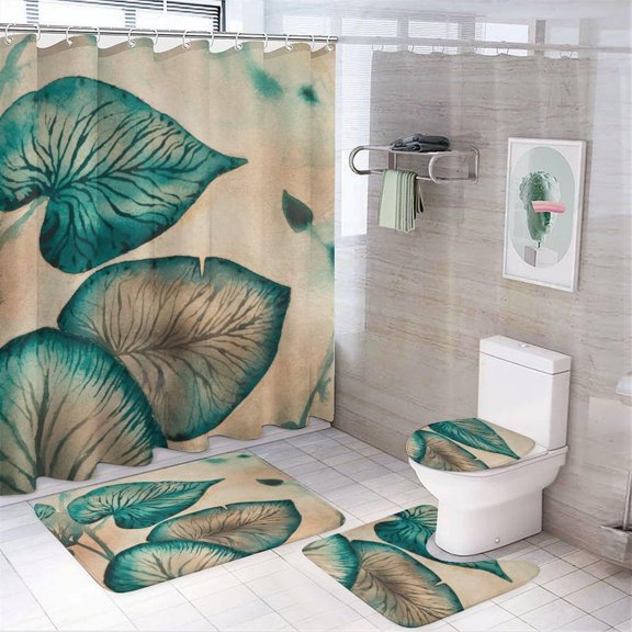 Bathroom Rugs Sets 4 Piece with Shower Curtain, Floral Pattern Printed on Bathroom Decor Sets with Shower Curtains and Rugs, Great for Master Bath Beach House Modern Home, 72 x 72 inches