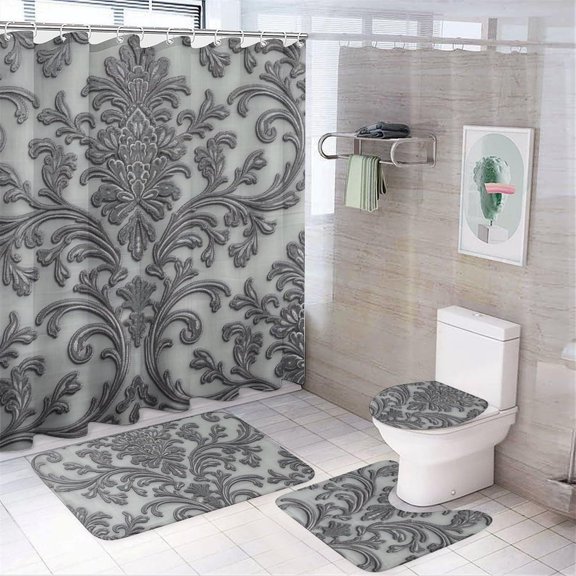 Bathroom Rugs Sets 4 Piece with Shower Curtain, Floral Pattern Printed on Bathroom Rugs and Shower Curtain Sets, Great for Master Bath Beach House Modern Home, 72 x 72 inches
