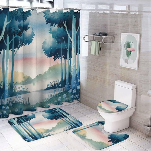 Bathroom Rugs Sets 4 Piece with Shower Curtain, Floral Pattern Printed on Bathroom Rugs and Shower Curtain Sets, Great for Master Bath Beach House Modern Home, 72 x 72 inches