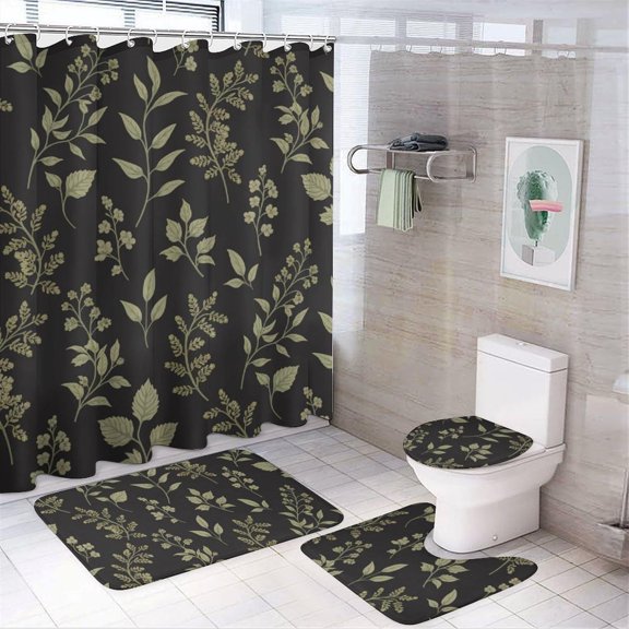 Bathroom Rugs Sets 4 Piece with Shower Curtain, Floral Pattern Printed on Bathroom Shower Curtain Sets with Rugs, Great for Master Bath Beach House Modern Home, 72 x 72 inches