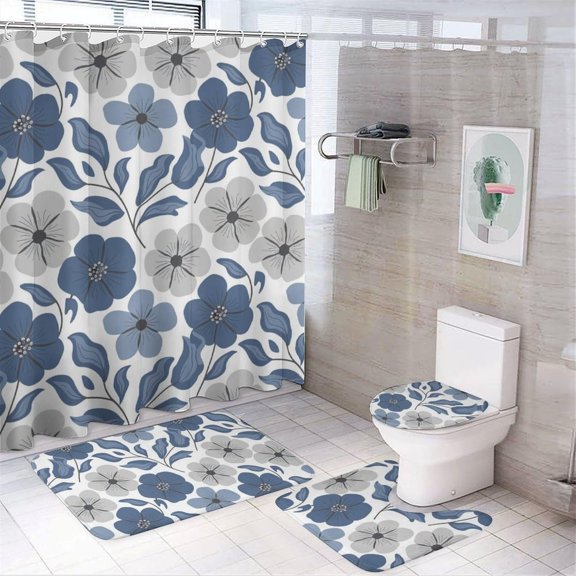 Bathroom Rugs Sets 4 Piece with Shower Curtain, Floral Pattern Printed on Cute Shower Curtain Sets with Rugs, Great for Master Bath Beach House Modern Home, 72 x 72 inches