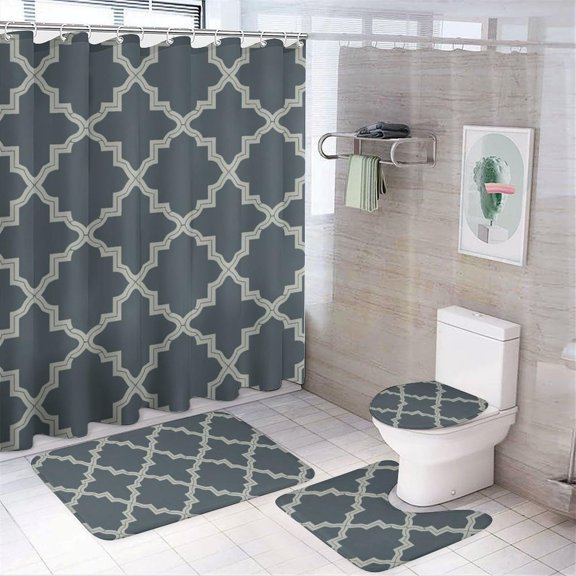 Bathroom Rugs Sets 4 Piece with Shower Curtain, Floral Pattern Printed on Modern Shower Curtains for Bathroom Set, Great for Master Bath Beach House Modern Home