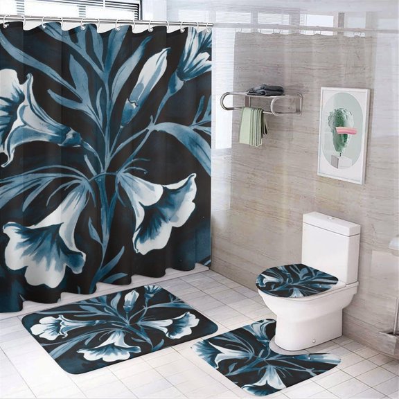 Bathroom Rugs Sets 4 Piece with Shower Curtain, Floral Pattern Printed on Shower Curtain and Bath Mat Set, Great for Master Bath Beach House Modern Home, 72 x 72 inches