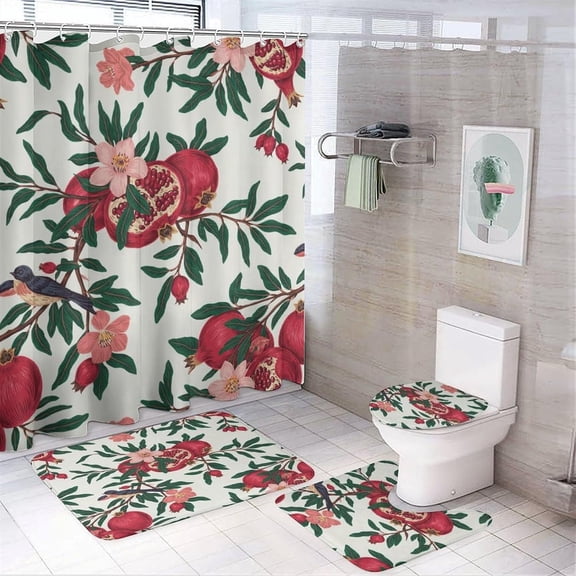 Bathroom Rugs Sets 4 Piece with Shower Curtain, Fruit Pattern Printed on Shower Curtain Set with Rugs and Accessories, Ideal for Bathroom Apartment RV College Dorm, 72 x 72 inches