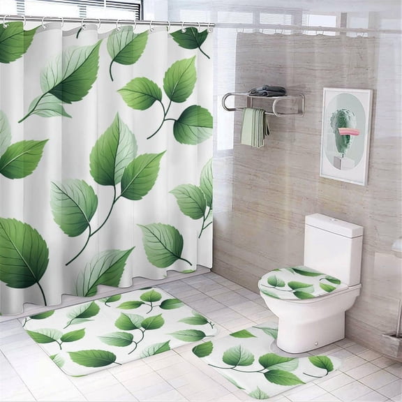 Bathroom Rugs Sets 4 Piece with Shower Curtain, Green Leaf Pattern Printed on Bathroom Decor Sets with Shower Curtains and Rugs, Great for Master Bath Beach House Modern Home, 72 x 72 inches