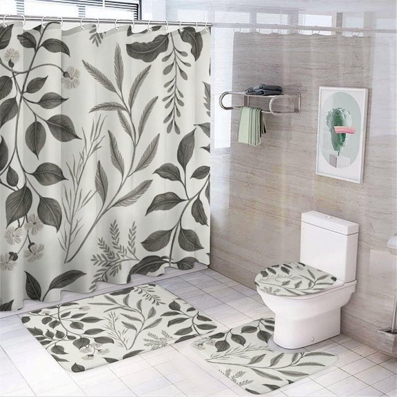 Bathroom Rugs Sets 4 Piece with Shower Curtain, Green Leaves Pattern Printed on Bathroom Decor and Accessories, Ideal for Bathroom Apartment RV College Dorm, 72 x 72 inches