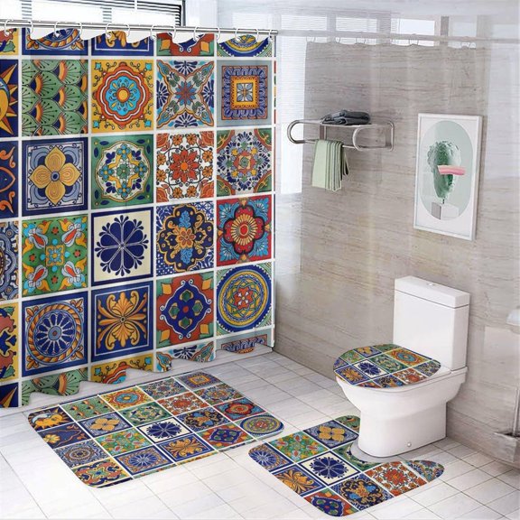 Bathroom Rugs Sets 4 Piece with Shower Curtain, Green Marble Pattern Printed on Shower Curtain and Liner Set, Great for Master Bath Beach House Modern Home, 72 x 72 inches