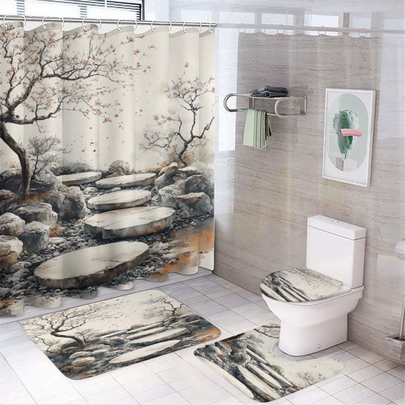 Bathroom Rugs Sets 4 Piece with Shower Curtain, Japanese Zen Garden Tranquility Pattern Printed on Bathroom Rugs and Shower Curtain Sets, Ideal for Apartment RV College Dorm, 72 x 72 inches