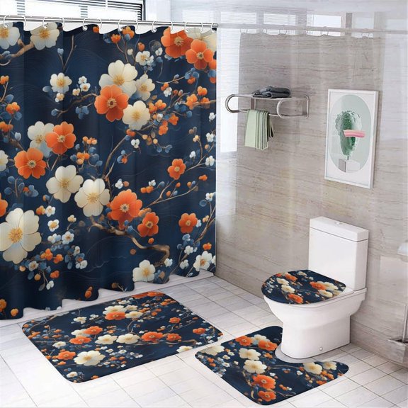 Bathroom Rugs Sets 4 Piece with Shower Curtain, Japanese Zen Garden Tranquility Pattern Printed on Bathroom Rugs and Shower Curtain Sets, Ideal for Apartment RV College Dorm, 72 x 72 inches
