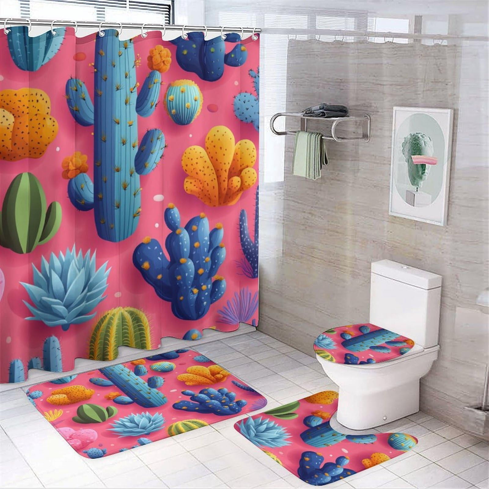 Bathroom Rugs Sets 4 Piece with Shower Curtain, Leaf and Bird Pattern ...