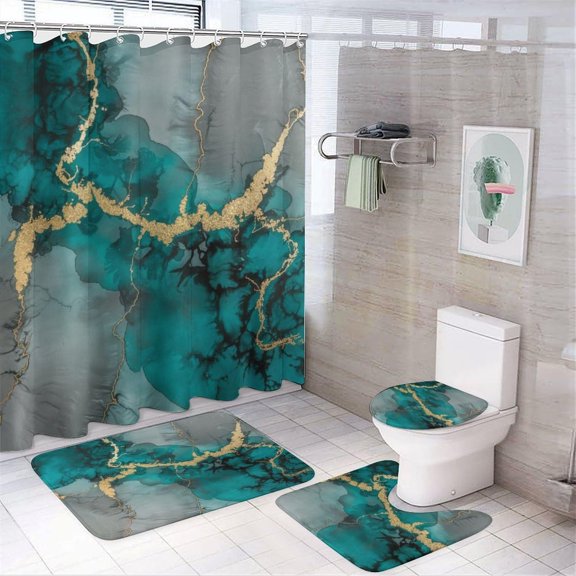Bathroom Rugs Sets 4 Piece with Shower Curtain, Marble Pattern Printed on Bathroom Decor Sets with Shower Curtains and Rugs, Great for Master Bath Beach House Modern Home, 72 x 72 inches