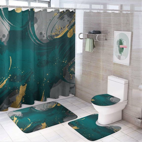 Bathroom Rugs Sets 4 Piece with Shower Curtain, Marble Pattern Printed on Bathroom Decor Sets with Shower Curtains and Rugs, Great for Master Bath Beach House Modern Home, 72 x 72 inches