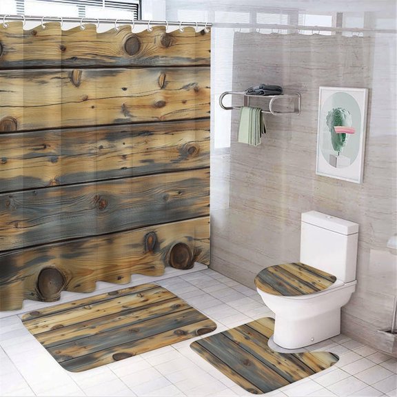 Bathroom Rugs Sets 4 Piece with Shower Curtain, Oasis Pattern Printed on Shower Curtain Set with Rugs and Accessories, Designed for Farmhouse Boho Contemporary Bathrooms, 72 x 72 inches