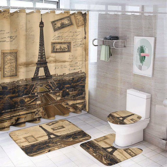 Bathroom Rugs Sets 4 Piece with Shower Curtain, Parisian Romance Pattern Printed on Bathroom Decor and Accessories, Great for Master Bath Beach House Modern Home, 72 x 72 inches