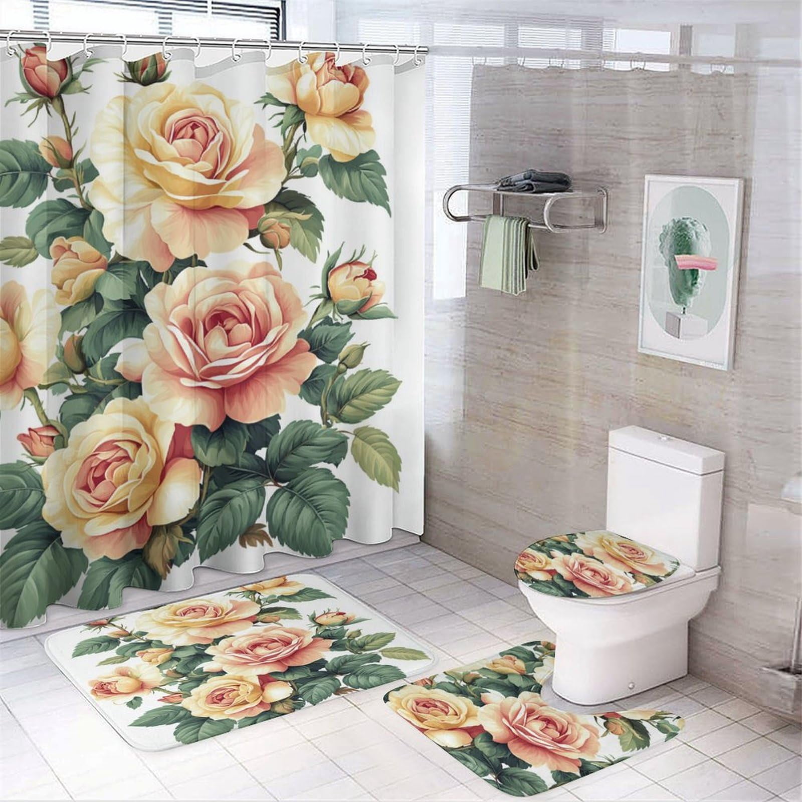 Bathroom Rugs Sets 4 Piece with Shower Curtain, Roses Pattern Printed ...