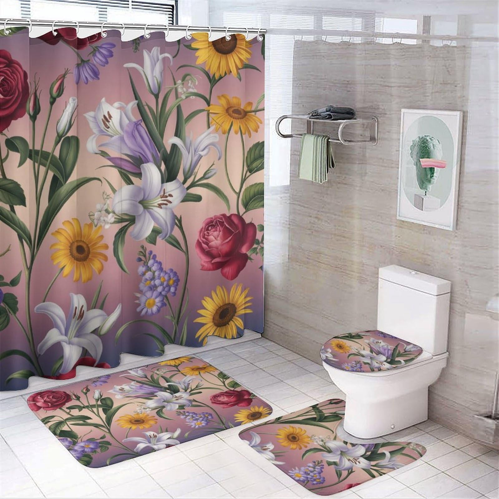 Bathroom Rugs Sets 4 Piece with Shower Curtain, Spring Pattern Printed ...
