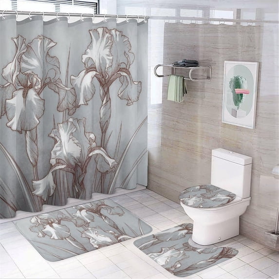 Bathroom Rugs Sets 4 Piece with Shower Curtain, Spring Pattern Printed ...