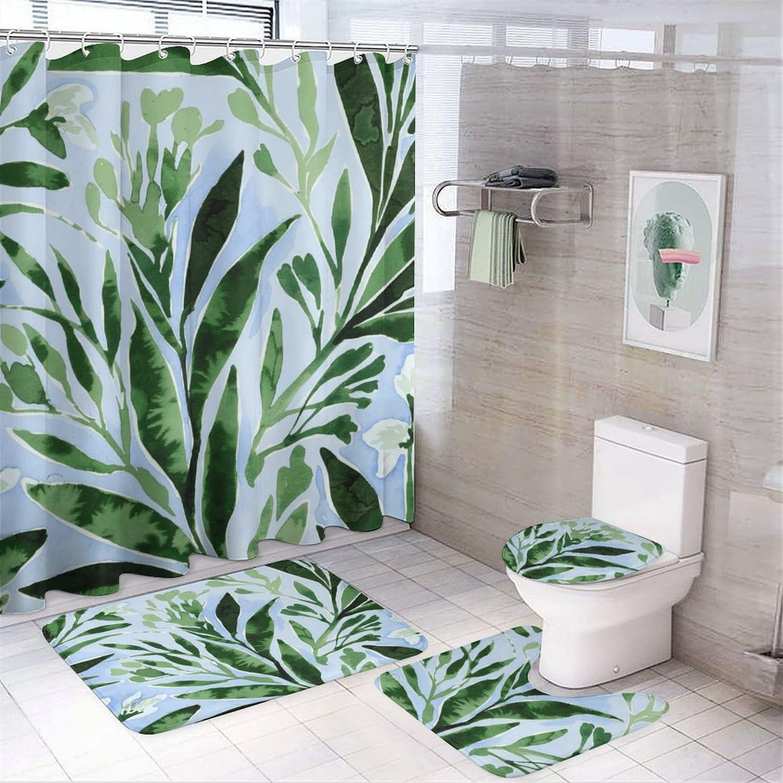 Bathroom Rugs Sets 4 Piece with Shower Curtain, Spring Pattern Printed ...