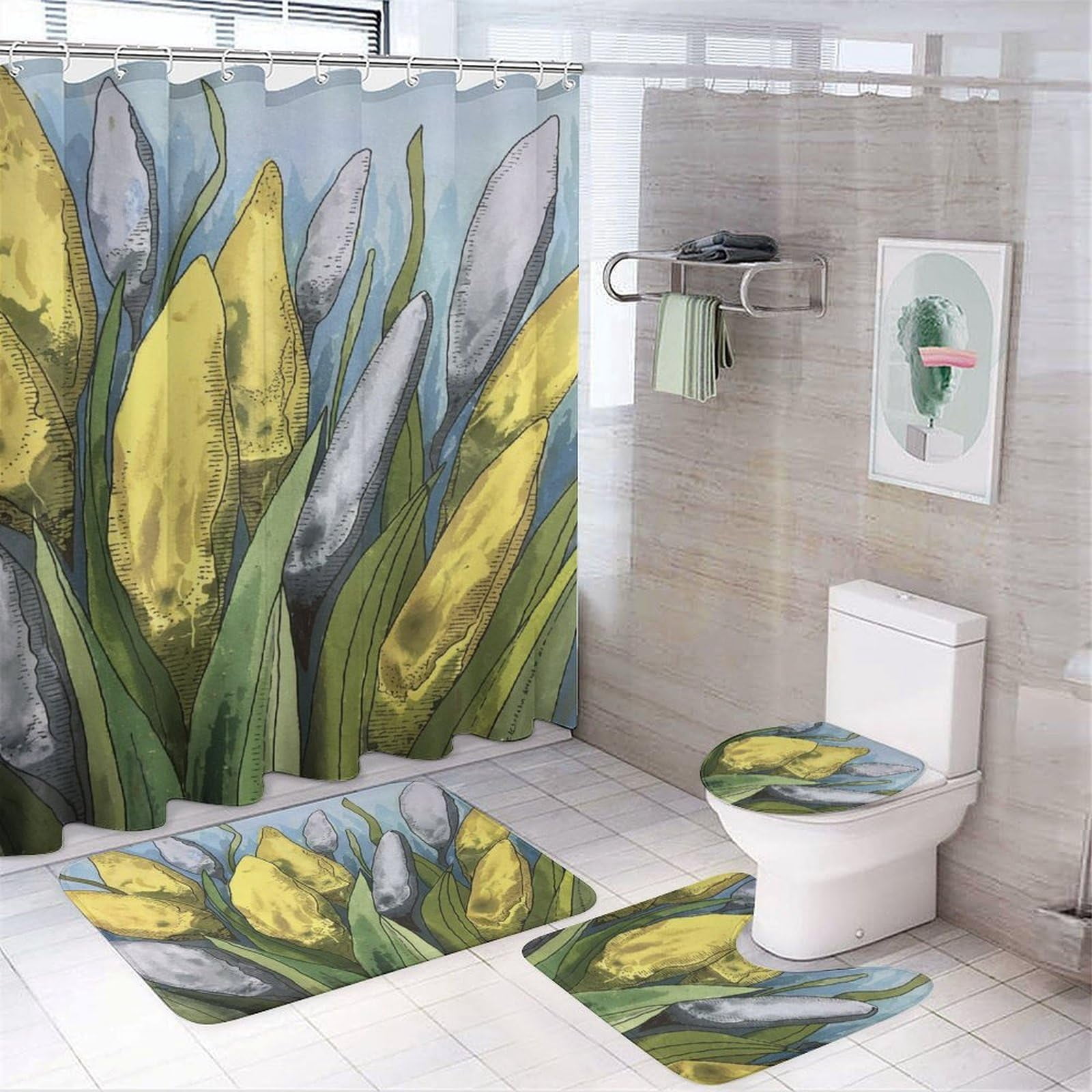 Bathroom Rugs Sets 4 Piece with Shower Curtain, Spring Pattern Printed ...