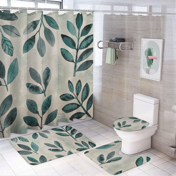 Bathroom Rugs Sets 4 Piece with Shower Curtain, Spring Pattern Printed ...