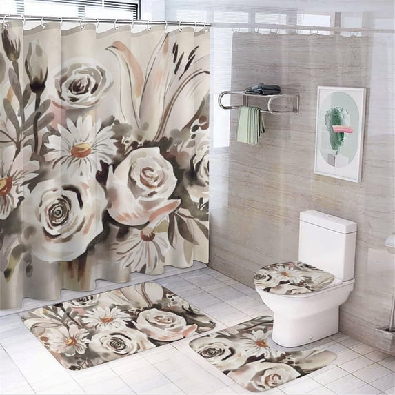 Bathroom Rugs Sets 4 Piece with Shower Curtain, Spring Pattern Printed ...
