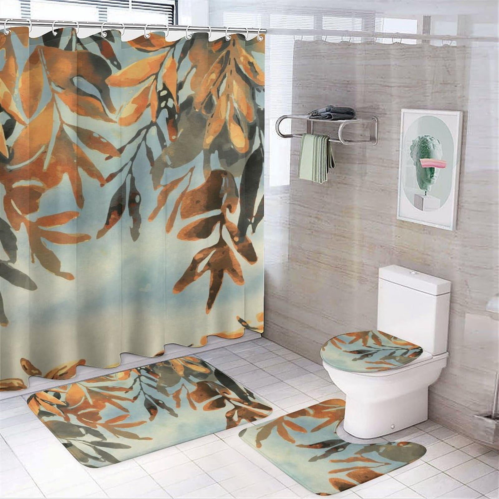 Bathroom Rugs Sets 4 Piece with Shower Curtain, Spring Pattern Printed ...