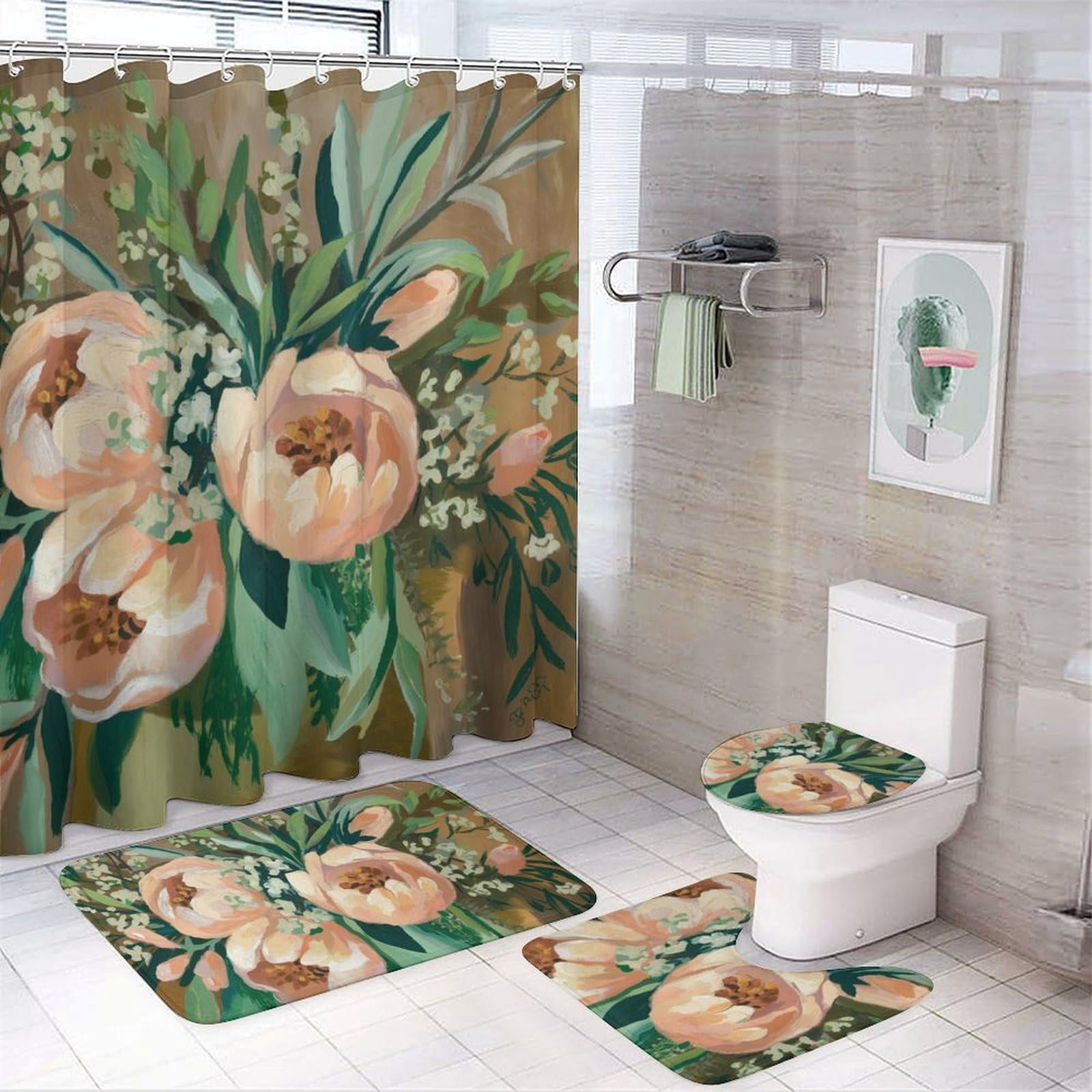 Bathroom Rugs Sets 4 Piece with Shower Curtain, Spring Pattern Printed ...