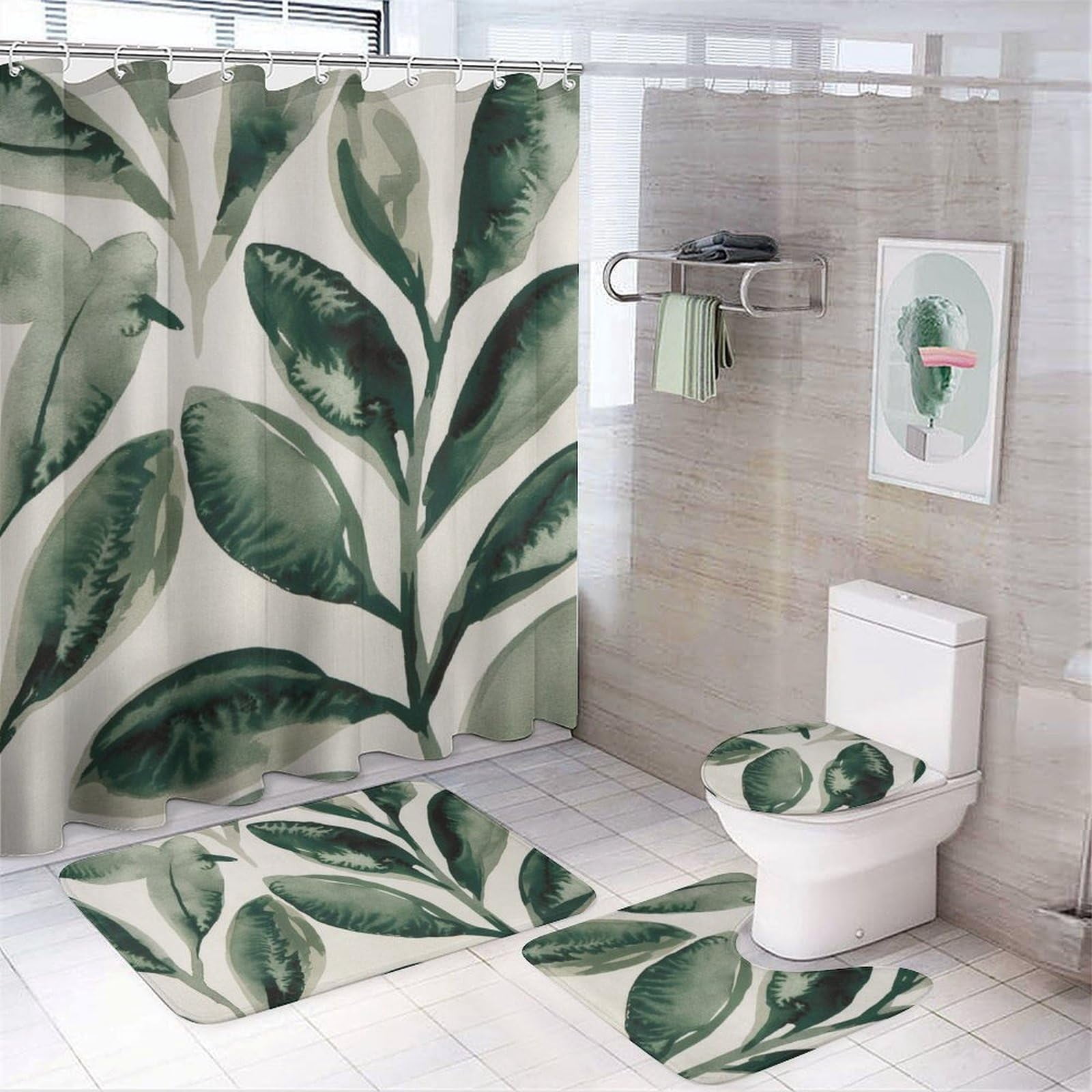 Bathroom Rugs Sets 4 Piece with Shower Curtain, Spring Pattern Printed ...