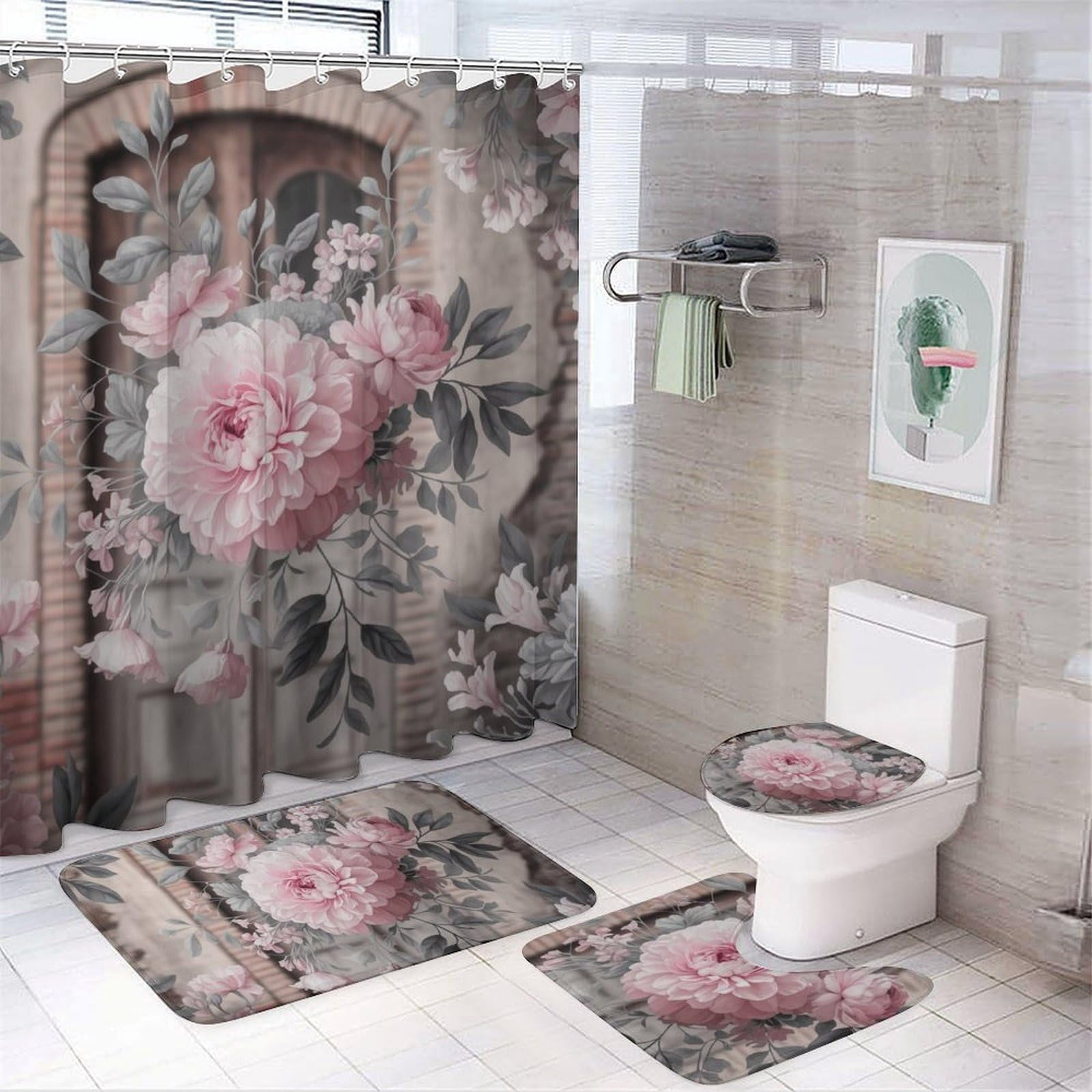 Bathroom Rugs Sets 4 Piece with Shower Curtain, Spring Pattern Printed ...