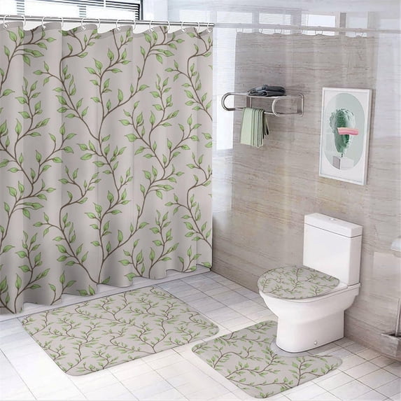 Bathroom Rugs Sets 4 Piece with Shower Curtain, Spring Pattern Printed ...