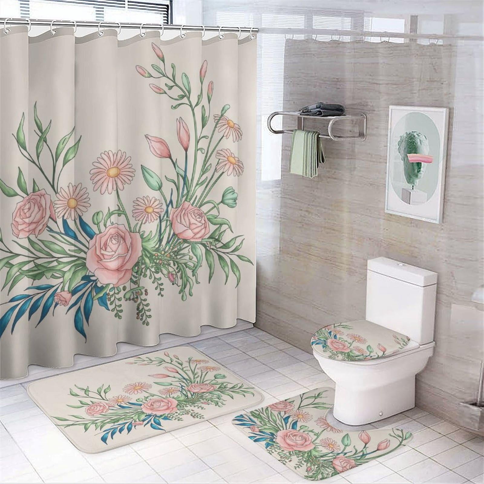 Bathroom Rugs Sets 4 Piece with Shower Curtain, Spring Pattern Printed ...