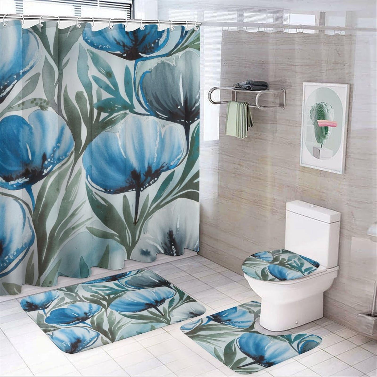 Bathroom Rugs Sets 4 Piece with Shower Curtain, Spring Pattern Printed ...