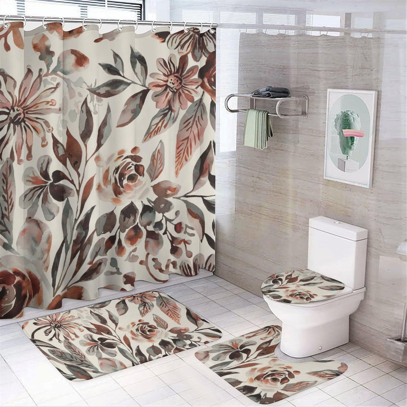 Bathroom Rugs Sets 4 Piece with Shower Curtain, Spring Pattern Printed ...