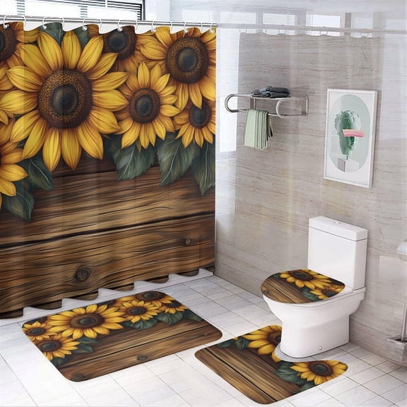 Bathroom Rugs Sets 4 Piece with Shower Curtain, Sunflower Pattern Printed on Shower Curtain and Bath Mat Set, Great for Master Bath Beach House Modern Home, 72 x 72 inches